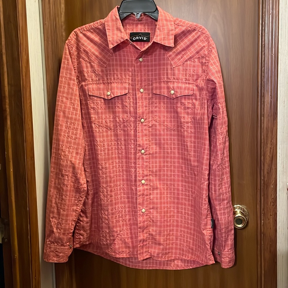 Men's Orvis Orange Patterned Snap Button Long Sle… - image 1